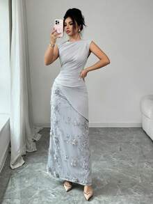 Elenzga Đầm nữ màu trơn, chất liệu vải hoa 3D phối nhiều mảnh, kiểu dáng thanh lịch và lãng mạn, thích hợp cho hẹn hò, tiệc trà chiều, lễ tốt nghiệp, hoặc đi nghỉ mát. - Xám - Xem 6