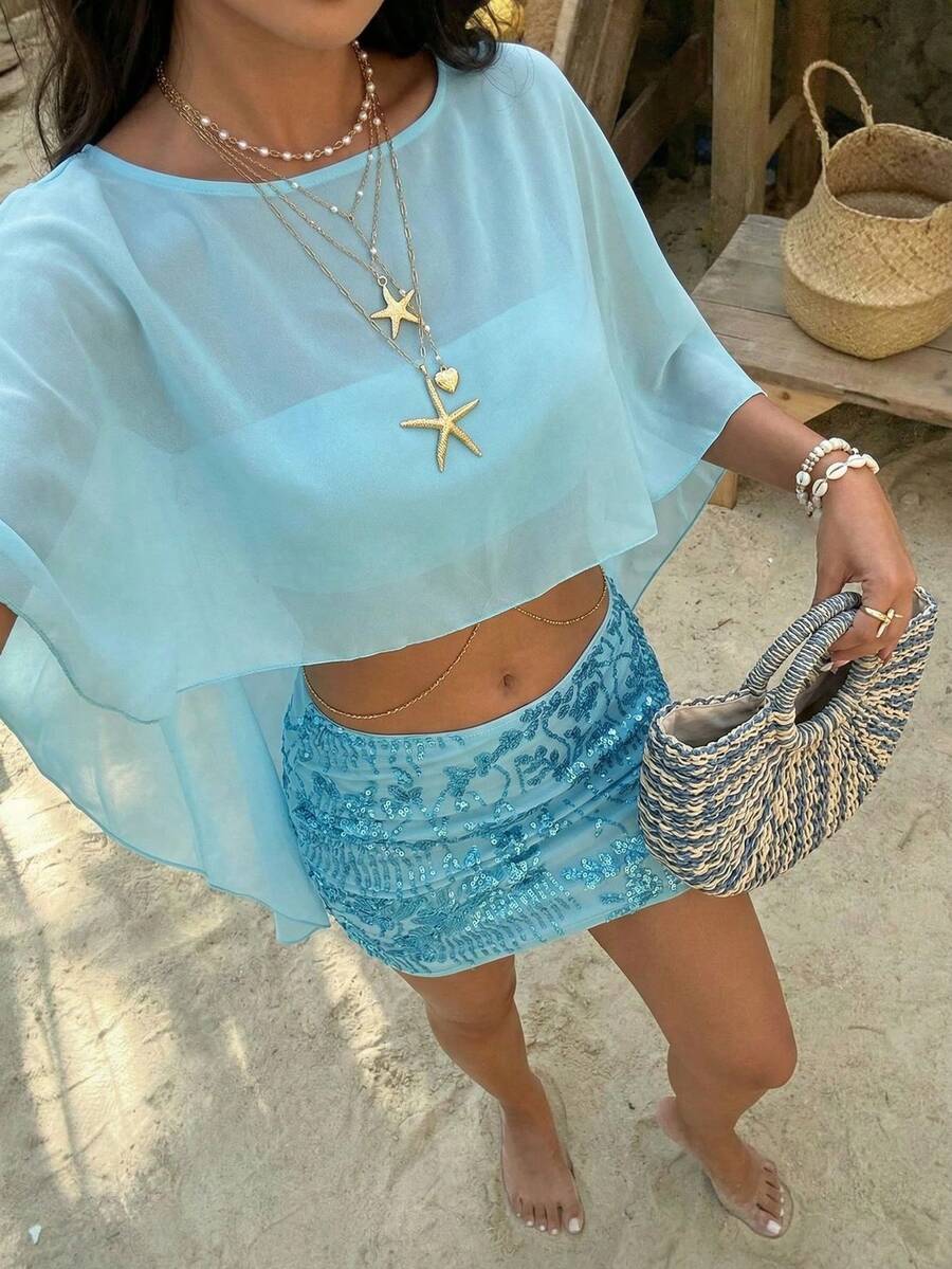 Sunnyshic Bộ váy ngắn đính sequin màu xanh dương dành cho nữ, trang phục đi biển, dự tiệc mùa hè, đám cưới, sinh nhật, hẹn hò, đi club, kỳ nghỉ biển, mùa xuân/hè. - Màu xanh lam - Xem 1
