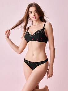 1 bộ đồ lót ren viền in họa tiết dâu tây đen cho nữ - màu đen - Xem 5