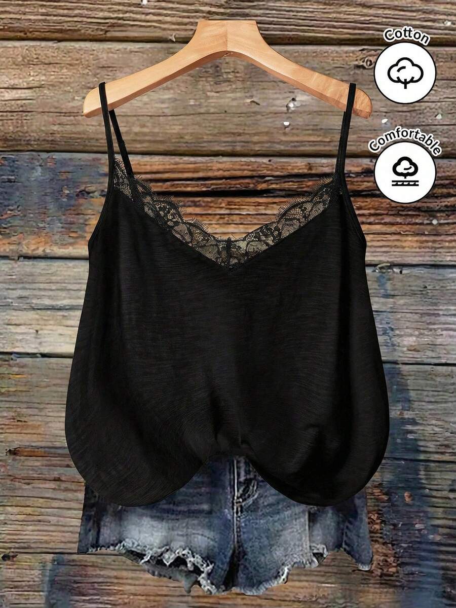 SHEIN VCAY 大码女式白色棉质针织吊带背心，V领蕾丝拼接针织背心，适合夏季度假 - 黑色 - 查看 1