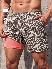 Manfinity Swimmode Men's Zebra Print Beach Vacation Shorts,Couple Pink Tiger White Camo,Summer,Casual,Beach,Holiday,Vacation,Holiday Hawaii Tropical Swim Bathing Outfit - Brown - View 2