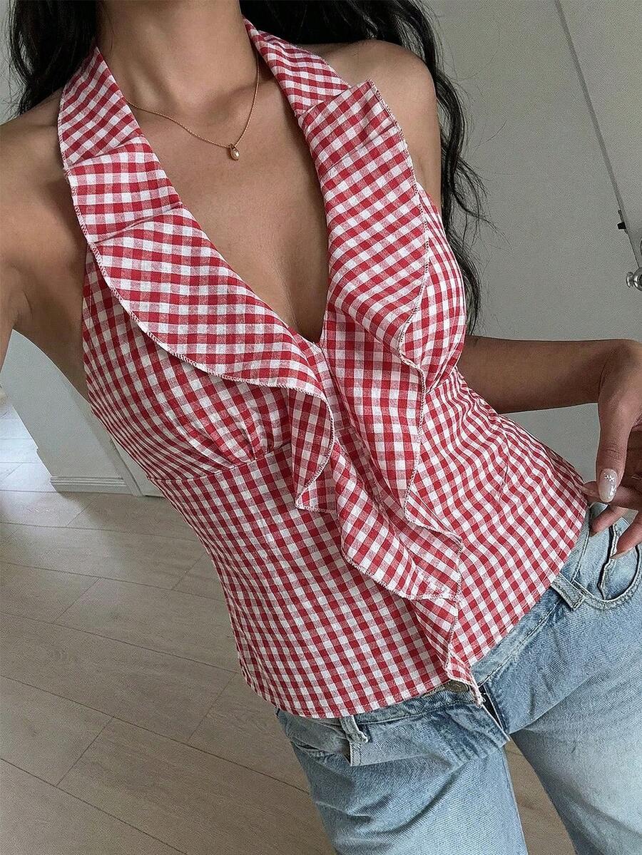 Glamine 法式复古乡村度假风红色格纹露背荷叶边衬衫,后背蝴蝶结装饰,适合户外野餐、度假、下午茶、朋友聚会等场合。 - 紅色 - 查看 1