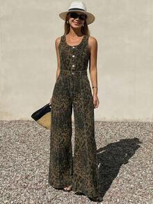 DAZY Women's Sleeveless Adjustable Strap Loose Straight Leg Casual Denim Jumpsuit Summer - Army Green - View 6