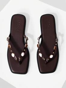 MOTF SPRING AND SUMMER NEW OUTDOOR WOMEN'S FLAT-BOTTOMED SQUARE TOE BROWN PINCH SLIPPERS WOMEN'S THICK-SOLED NON-SLIP CASUAL VERSATILE BEACH SANDALS SPRING SHOES SUMMER SHOES - Coffee Brown - View 4