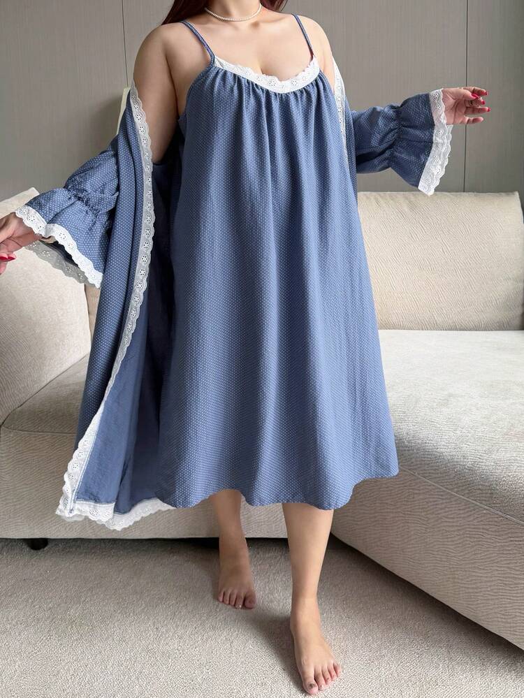 Dazy Plus Plus Size Women's Polka Dot Allover Print Contrast Embroidered Trim Splice Robe & Camisole Nightgown Set, Spring/Summer