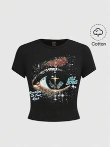 ROMWE Goth Women's Round Neck Letter & Eye Graphic Casual Versatile Daily Wear Short Sleeve T-Shirt - Black - View 1