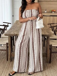 Weeklong Plus Size Women's Geometric Print Halter Jumpsuit, Waist Cinched, Beach/Resort Style, Spring/Summer - Multicolor - View 5