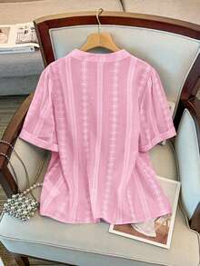 GlowEve CURVE Women's Summer Elegant Pink Floral V-Neck Short Sleeve Blouse,Party Casual Loose Ruffle Striped Stand Collar Shirt For Daily Commute Office Wear - Baby Pink - View 2