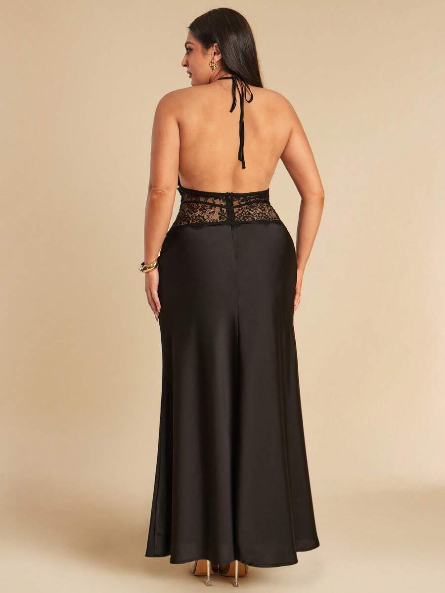 SHEIN BAE Plus Size Black Autumn Elegant Formal Evening Dress, Deep V-Neck Lace Hollow Patchwork Fishtail Satin Gown For Cocktail Party,Formal Event - Black - View 1