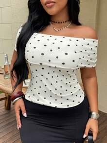 Dazy Plus Fashionable Polka Dot High Stretch Sexy Cropped Top, Off Shoulder Tight Fitting T-Shirt, Plus Size, Spring/Summer Graphic Tee Going Out Tops - Beige - View 10
