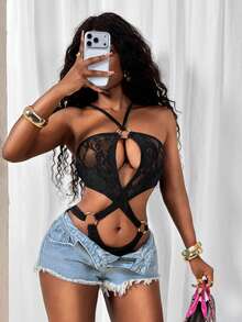 Áo liền thân ren gợi cảm dành cho nữ, cổ yếm, lưng chéo, hở vai. - màu đen - Xem 1