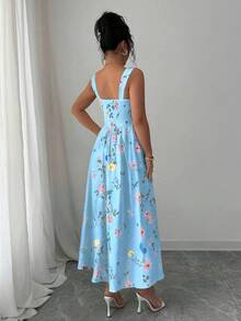 Elenzga Latest Spring/Summer Floral Elegant Waist Gathering Pleated Dress For Women - Baby Blue - View 2