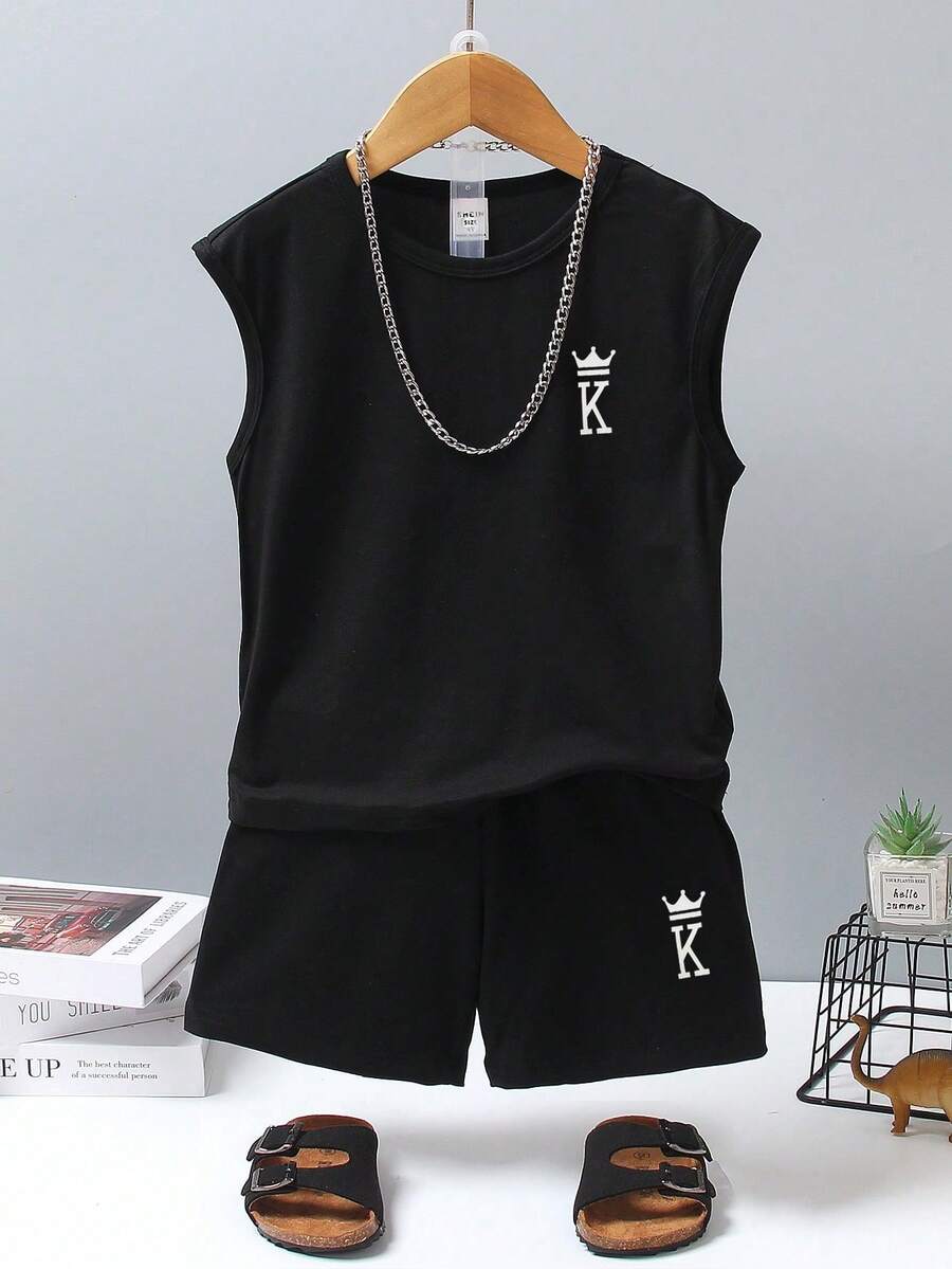 SHEIN Genkimix Kids 男童夏季圆领可爱印花无袖背心和运动短裤套装 - 黑色 - 查看 1