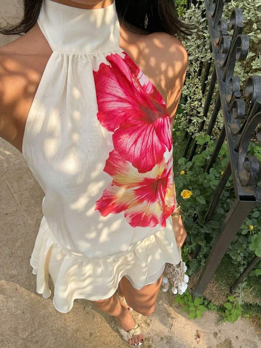 Sunnyshic 女士夏季休闲度假时尚百搭外出派对沙滩连衣裙，热带花卉印花，双层荷叶边下摆，无袖 - 彩色 - 查看 1