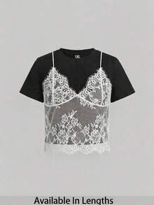 SHEIN Tall CURVE Plus Size Summer White Lace Spliced Round Neck Short Sleeve T-Shirt (2 In 1) - Black and White - View 2