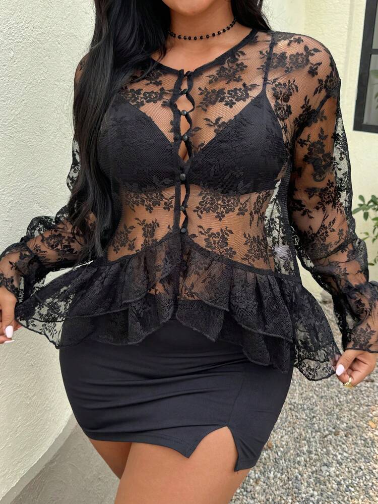 Dazy Plus Plus Size Women's Elegant Casual Lace Patchwork V-Neck Ruffle Hem Cardigan, Black, Spring/Summer