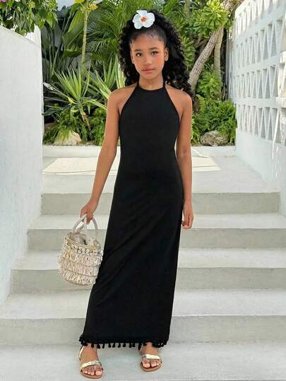 SHEIN Đầm maxi cổ yếm dệt kim màu đen dành cho thiếu nữ, phối họa tiết hoa 3D, thích hợp mặc đi chơi, nghỉ mát hoặc hàng ngày.
