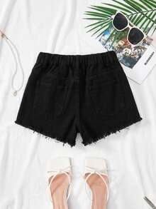 SHEIN Teen Girl Y2K Spring Summer Break Washed Low Waist Ripped Raw Hem Denim Jeans Shorts With Raw Hem, Summer Beach Boho Vacation Shorts ,Summer Concert Festival Casual Rave , Summer Brunch Graduation - Black - View 2