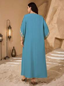 Al Najma Plus Size Solid Color Lace Trim Women Turkish Long Tunic, Arabic Traditional Long Dress - Teal Blue - View 2