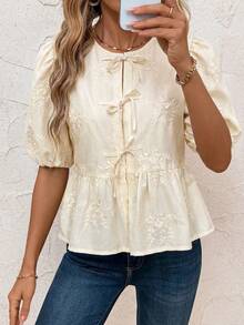 SHEIN Clasi Damen Bluse mit Frontknoten, Puffärmeln, süßer Stickerei, elegant für Urlaub, Valentinstag, Sommer, Teeparty, High Tea, Creme - Aprikosenfarben - Übersicht 6