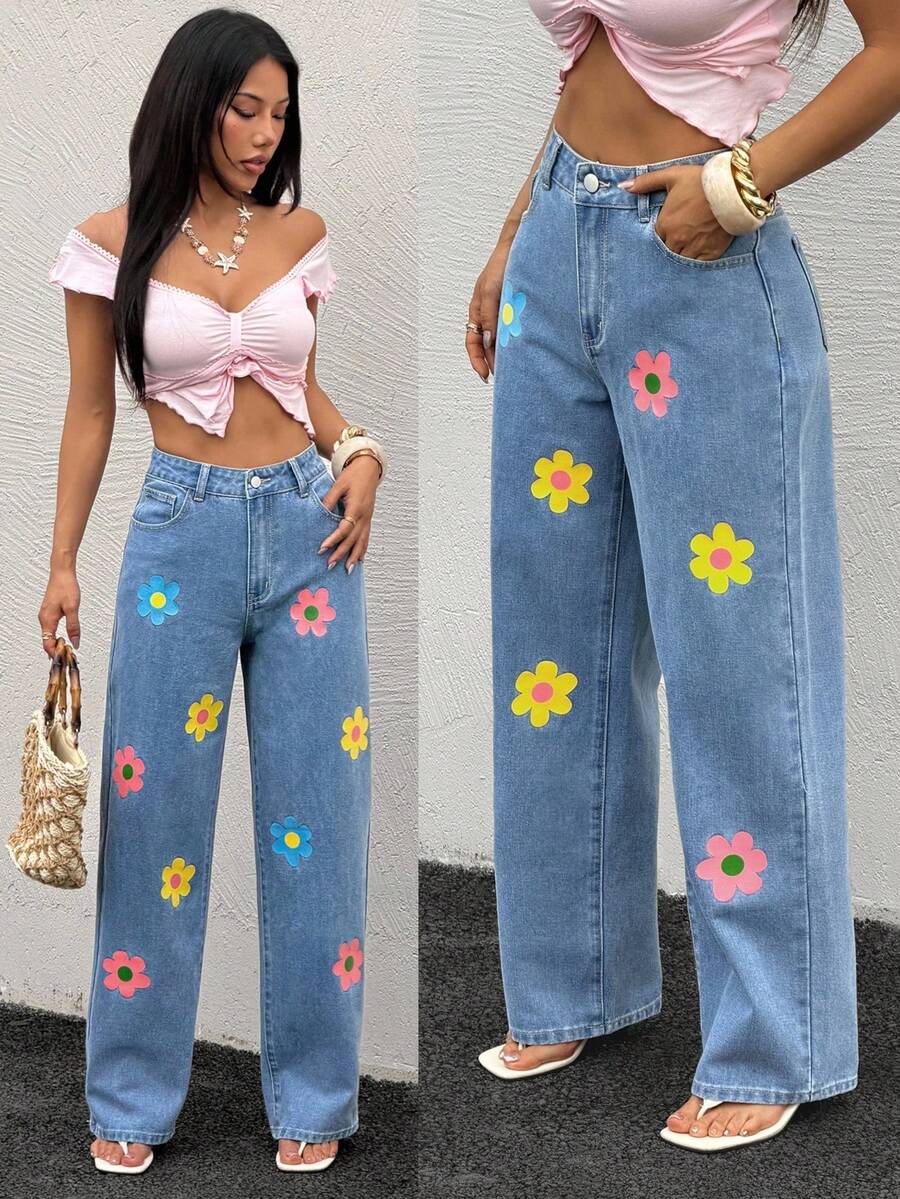 Quần jean denim in họa tiết thường ngày dành cho nữ - Màu xanh lam - Xem 1