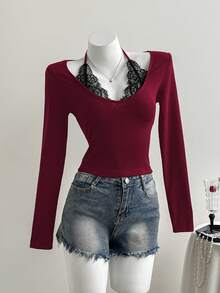 Elamini Black Ribbed Knit Lace Patchwork V-Neck Halter Tie Long Sleeve Slim Fit T-Shirt, Elegant Vintage Chic For Commute, Casual, Dating, Spring/Autumn - Burgundy - View 3