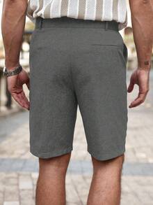 Genlund Pantalones cortos casuales para hombre con bolsillos inclinados, de lino, holgados hasta la rodilla, frescos, de unicolor, básicos de verano, para vacaciones - Gris - Ver 2