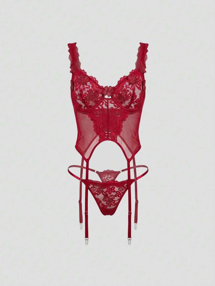 2pcs Lace Semi-Sheer Slightly Gathered Adjustable Strap Bra And Panty Set For Women - Red - View 1