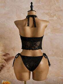 26SS Spring/Summer Vacation Beach White Lace Floral Trim Cute Sweet Bow Bikini Set, 2pcs - Black - View 2