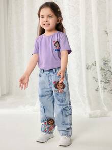DORA | SHEIN 少女卡通人物印花斜插口袋休闲牛仔裤 - 藍色 - 查看 3