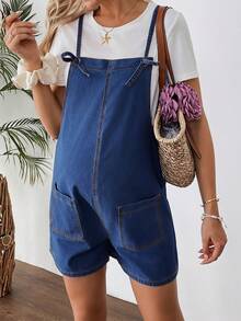 SHEIN Maternity Blue Denim Bib Shorts - Dark Wash - View 5