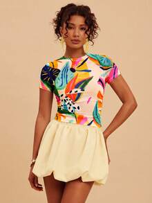 Travachic Nueva blusa casual de manga corta con estampado, ajustada y de malla transparente con plisados, adecuada para vacaciones/ocio y diversas ocasiones relajadas, Primavera/Verano 2026 - Multicolor - Ver 4