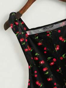 SHEIN EZwear Bộ jumpsuit họa tiết quả anh đào đen, dây thắt nút, túi, phối nhiều lớp, phong cách retro thanh lịch, đa năng, phù hợp cho đi làm - Phong cách cổ điển Y2K dễ thương, hoàn hảo cho trang phục đi biển và nghỉ mát, trang phục mùa hè cho nữ, lễ hội miền Tây. - Nhiều màu - Xem 4