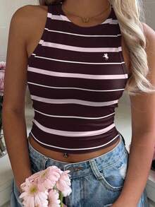 Mulvari 条纹印花休闲简约圆领修身女式背心，适合夏季穿着 - 彩色 - 查看 3