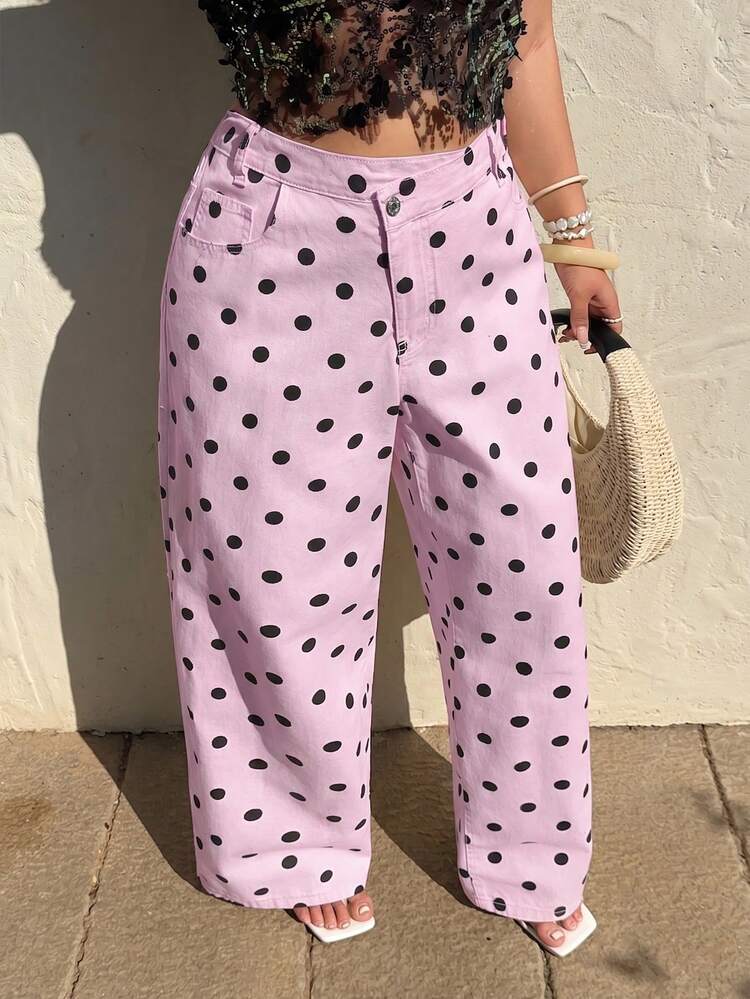 Sunnyshic Asymmetrical Waist Casual Vacation Polka Dot Denim Pants