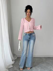 Selianne Áo khoác cardigan nữ thanh lịch, ôm sát, khoét lỗ, thắt nơ, phong cách boho, tay loe, thích hợp cho kỳ nghỉ xuân/hè. - Hồng - Xem 3