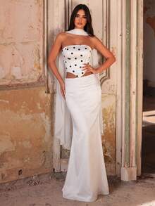 Aureia Elegant White Polka Dot Satin Strapless Two-Piece Dress, Pleated Party Gown For Wedding Guest,Prom & Evening Events - Black and White - View 4