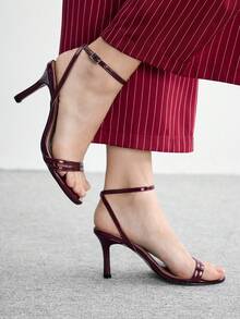 CUCCOO BIZCHIC 女鞋 新款简约时尚高跟鞋 布面细高跟踝带圆头绑带性感百搭通勤镜面PU材质节日春夏四季职场派对约会街头时尚经典凉鞋优雅气质女鞋 - 中紫紅色 - 查看 4