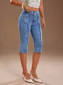 TRNVIE Quần jeans nữ dáng lửng cạp trung bình, có túi, thích hợp mặc thường ngày. - Rửa nhẹ - Xem 4
