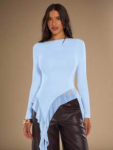SHEIN BAE Women's Solid Color Minimalist Ruffle Hem Long Sleeve Top, Casual Everyday Wear,Summer Top - Baby Blue - View 7