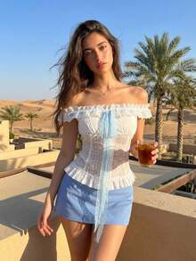 DAZY White One-Shoulder Blouse With Lace Ruffle Trim And Contrast Color Blocking, Casual Crop Top For Spring/Summer, Suitable For Dates, Weddings, Vacations, Music Festivals, Sexy Look Off The Shoulder - White - View 13