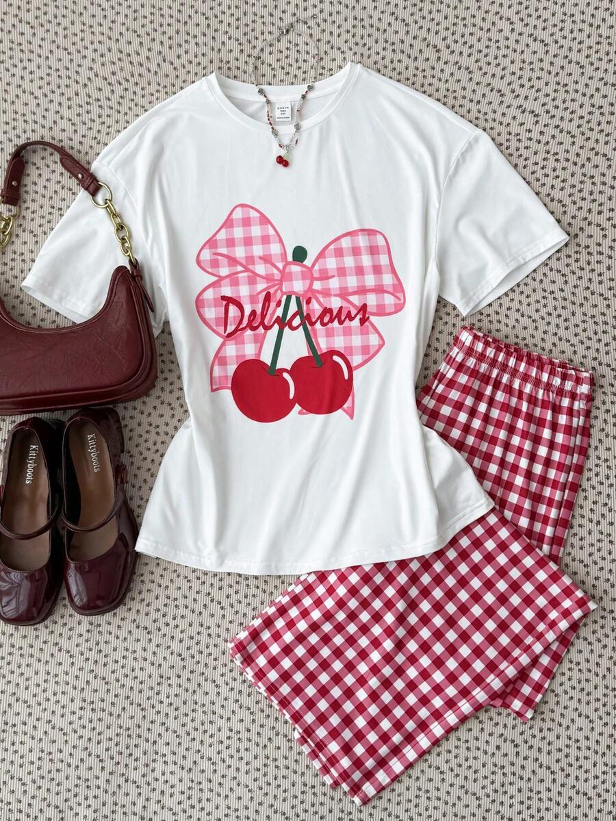 Teen Girls Knit Printed T-Shirt & Plaid Pants Casual Pajama Set - Red and White - View 1