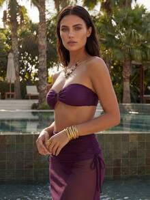 Anewsta Women's Vacation Beach Ruched Bandeau Top And Triangle Bikini Bottom With Cover-Up Skirt 3-Piece Swimwear Set - Purple - View 1