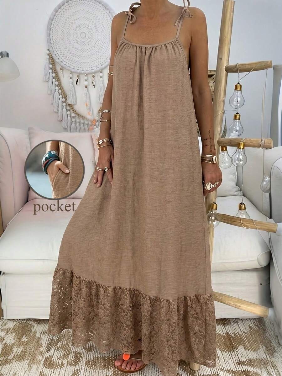 Isle Nomé Women's Loose Strap Dress, Lace Patchwork Fashion Casual Boho, Suitable For Summer Home, Daily Commute, Dining And Festivals Vacation Khaki - Khaki - View 1