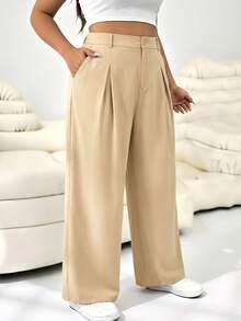Solflare Plus Size Solid Color Button Casual Wide Leg Pants, Suitable For Graduation, Back To School, Teacher Outfits For Women, Khaki Color - Khaki - View 3