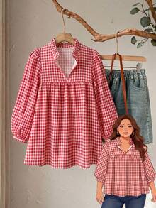 SHEIN RusticEase Plus Size Women Casual Plaid Lantern Sleeve Shirt Zoey Outfit Zipper Top Zoo Outfits Women - Multicolor - View 3
