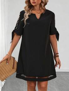Elenzga Plus Size Women Casual Notched Neck Short Dress - Black - View 3