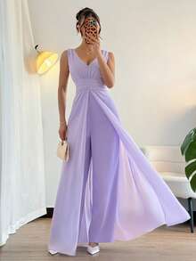 Rafferiza Elegant V-Neck Pleated Waist Pearl Chiffon Wide Leg Jumpsuit, Suitable For Wedding Guest Attire, Purple - Mauve Purple - View 6
