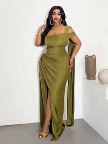 Maweii Vestido elegante de talla grande para mujer con decoración de estrella de mar metálica, cuello asimétrico y dobladillo dividido - Verde - Ver 6