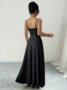 Elenzga Women's Elegant Romantic Party/Wedding Guest/Bridesmaid Lightweight Dress, Spaghetti Strap Sweetheart Neckline, Waist Cinched, Flowy Skirt, High Slit - Black - View 2
